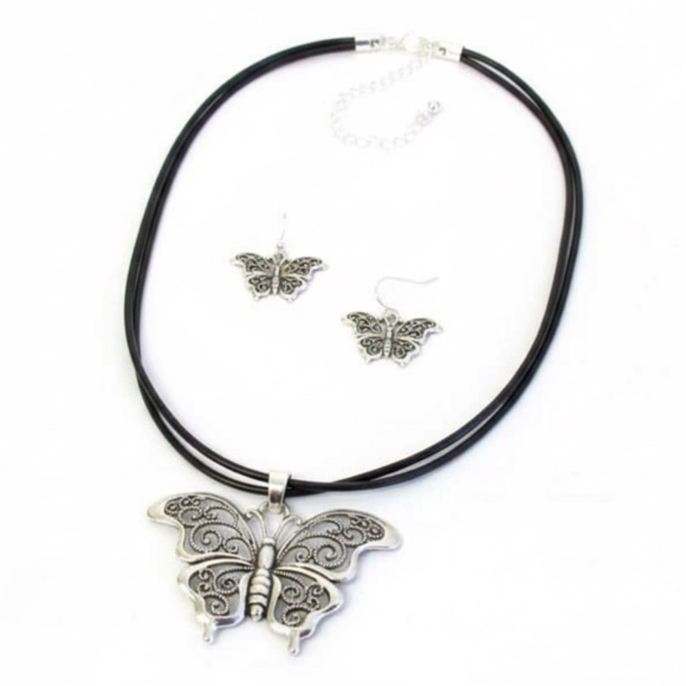 Womens Black Sliver Butterfly Pendant‎ Necklace Earring Set